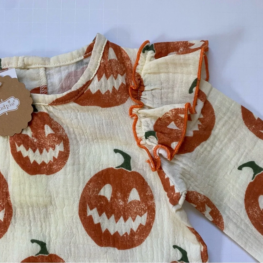 Mud Pie Halloween Outfit 6 9 Months NWT Pumpkins Baby Girl’s Orange Ivory New